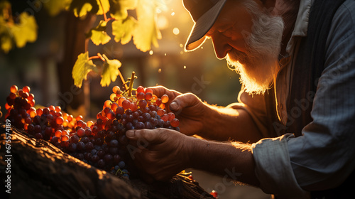 Weathered Vintner Inspects His Wine Grape Harvest in the Vineyard. Generative AI. photo