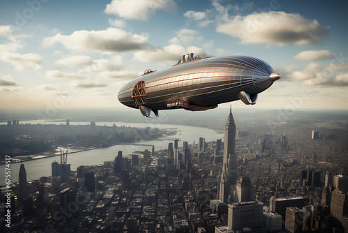 Zeppelin over big city with skyscrapers, flight, flying zeppelin