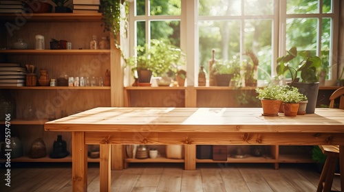 Room with wooden table and shelves wall. generative AI