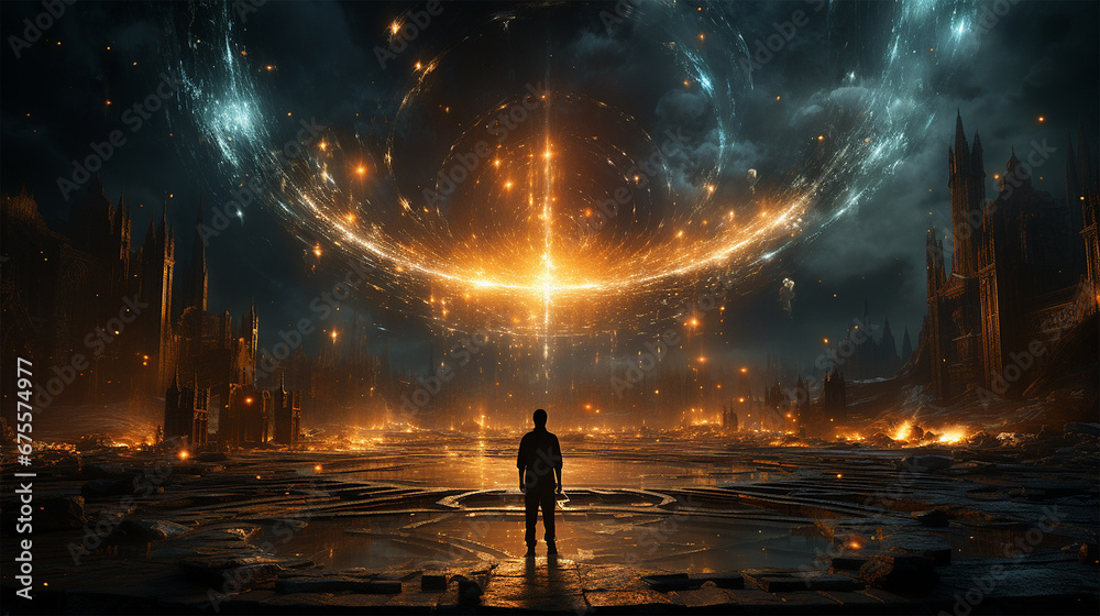 Fantasy concept illustration, boy facing epic glowing lights, cosmic portal, flaming nebula in fairytale mythical world, starry horizontal background, mystical astral night sky. Dreamy panorama - obrazy, fototapety, plakaty 