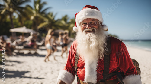 Smiling  Santa Claus Walking on the Beach on a Sunny Day. Generative AI. © Andy Dean