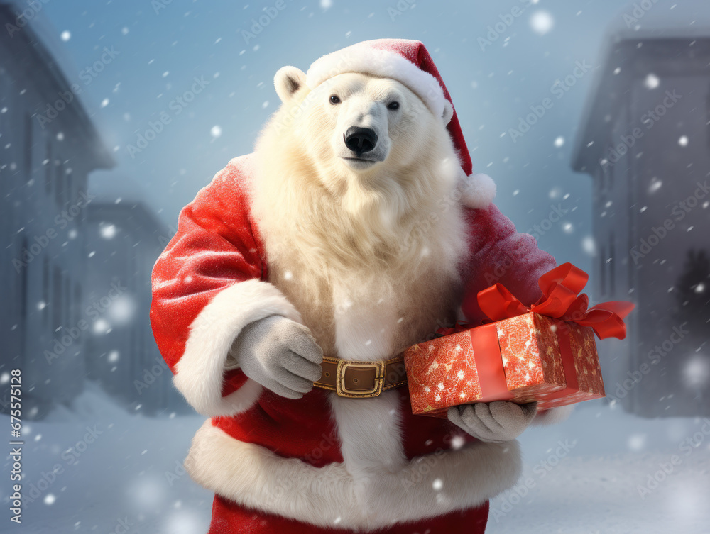 A polar bear dressed as Santa Claus is holding a Christmas gift. A polar bear dressed as Santa Claus is holding a Christmas gift.