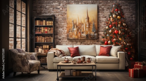 Cozy living room with Christmas tree and presents. Stylish living room interior with decorate. © David
