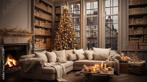 Cozy living room with Christmas tree and presents. Stylish living room interior with decorate.