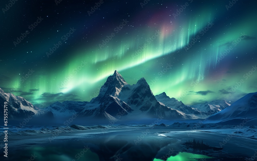 Stunning Dreamlike Aurora Borealis over Snowy Mountains