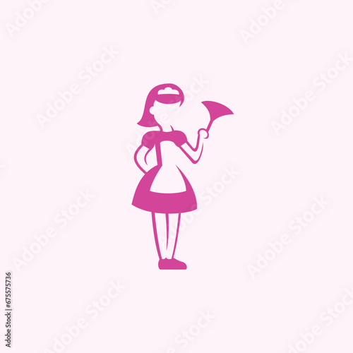 silhouette of a house maid holding a cleaning tool logo