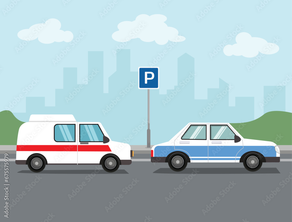 Cars parking lot area with parking road sign Cars parking lot area with parking road sign