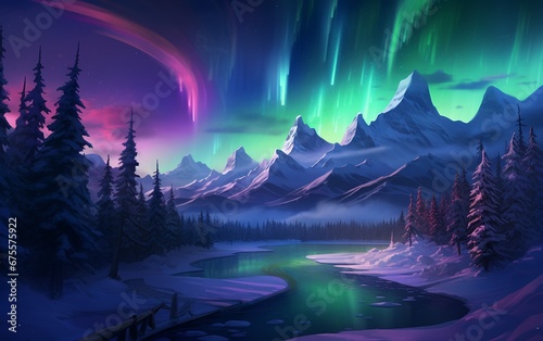 Stunning Dreamlike Aurora Borealis over Snowy Mountains © Harry