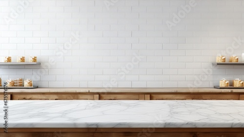 Empty marble counter over subway tile wall background, clean bright product display