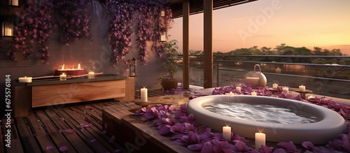 The spa s wellness setting is infused with the soothing scents of lavender and floral surrounded by the tranquil sound of flowing water in a bath filled with rejuvenating salt and flower pet