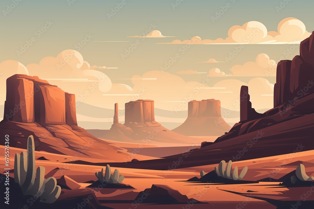 Searing hot desert valley landscape, hazy dust atmosphere, canyon of eroded rock formations, distant mountains and hills - outdoor hiking or travel destination advertising background illustration. 