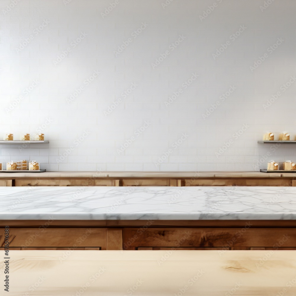 Empty marble counter over subway tile wall background, clean bright product display Empty marble counter over subway tile wall background, clean bright product display