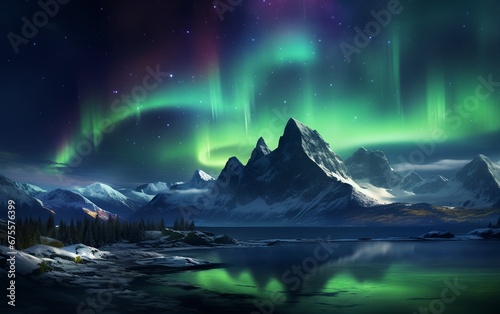 Stunning Dreamlike Aurora Borealis over Snowy Mountains © Harry