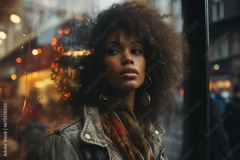 Young black woman, afro hairstyle, looking at a shop window