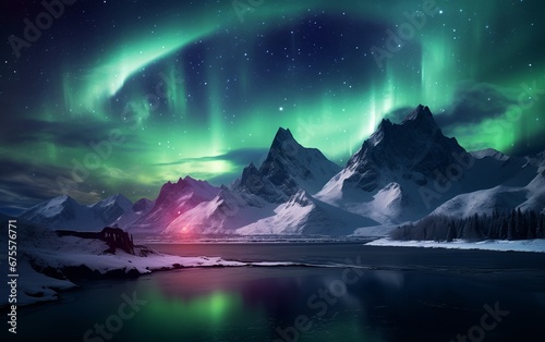 Aurora Borealis and Snowy Mountains in Ethereal Atmosphere © Harry