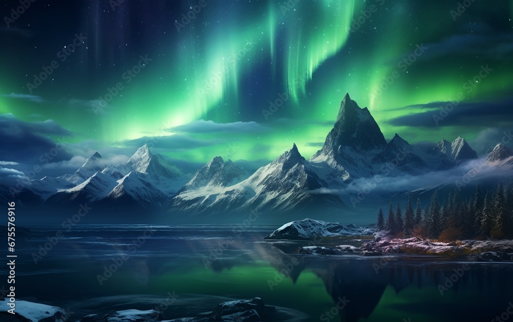 Aurora Borealis and Snowy Mountains in Ethereal Atmosphere