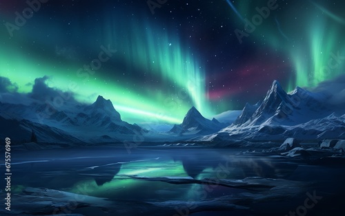 Aurora Borealis and Snowy Mountains in Night Sky © Harry