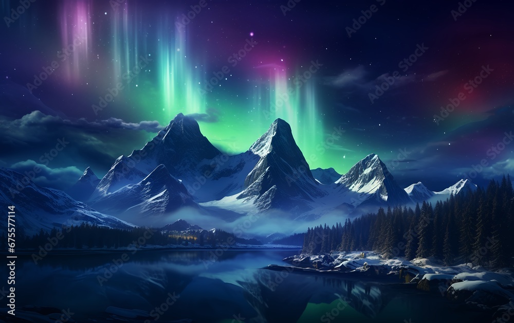 Aurora Borealis and Snowy Mountains in Night Sky Aurora Borealis and Snowy Mountains in Night Sky
