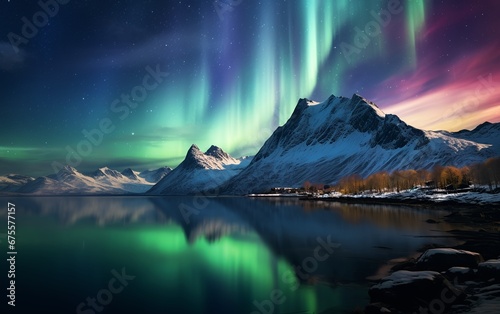 Aurora Borealis and Snowy Mountains in Night Sky