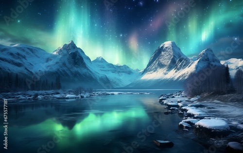 Aurora Borealis and Snowy Mountains in Night Sky