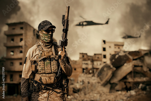 Special force between smoke and gas in destroyed city at battlefield