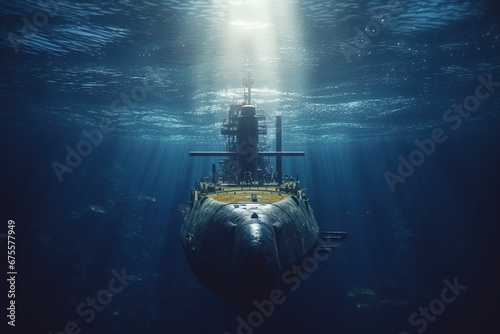 Large military submarine sails underwater. Navy photo