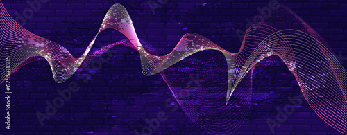 Ultra purple background with dynamic neon pink lines. Abstract background with brick texture and waves.