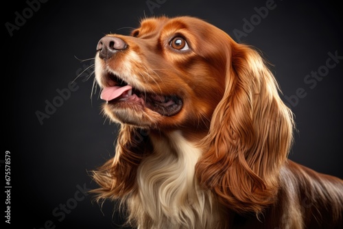 A close up of a spaniel dog with a black background.