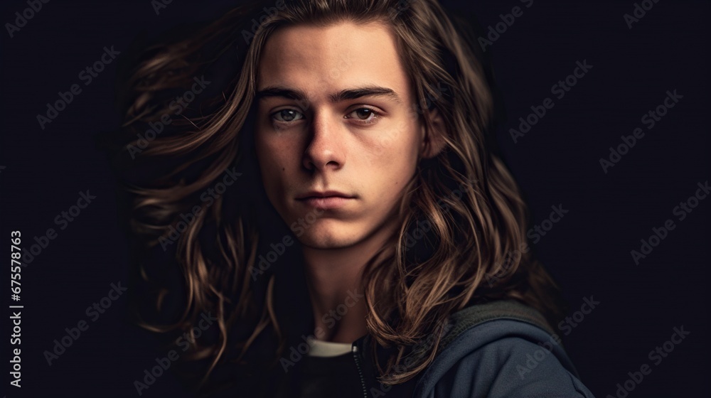 Portrait of a handsome young man with long hair 