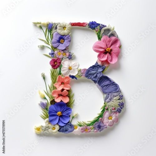 The letter b is decorated with flowers and leaves. Embroidery effect, floral design. photo