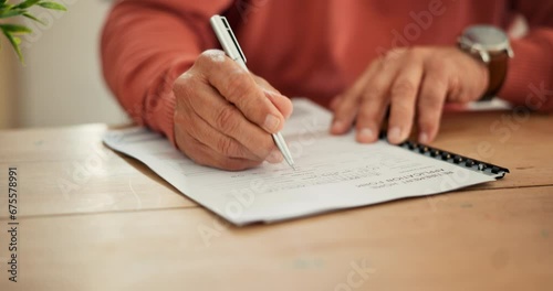 Senior man, hands and writing on paperwork, form or application for retirement, life insurance or finance. Closeup of mature male person filling in documents, signature or legal agreement at home photo