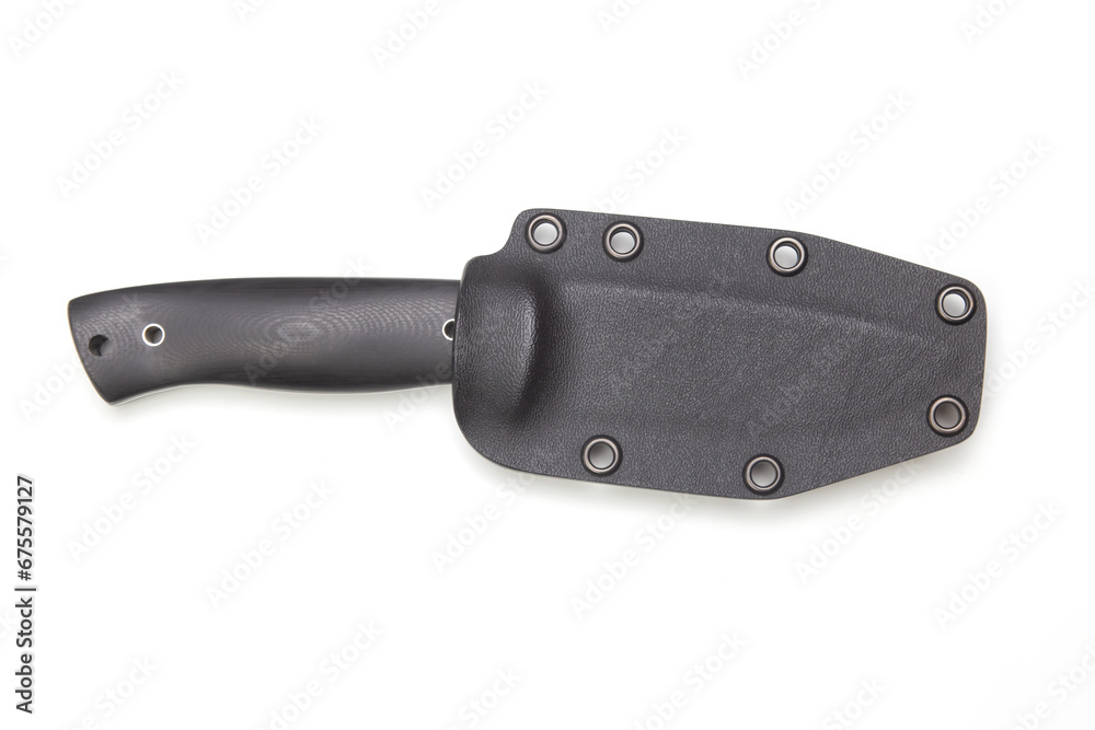knife for camping and hunting in a plastic case on a white background. cutting tool. isolated object knife for camping and hunting in a plastic case on a white background. cutting tool. isolated object