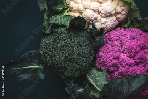 Food background with white and lilac cauliflowe and  broccoli cabbage from local farm market on old rustic green table. Shopping, healthy eating, clean food concept photo