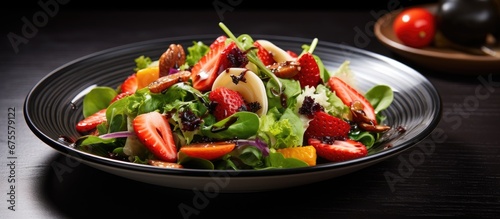 I went to a restaurant and was delighted to see that their menu offered a variety of dishes including a delicious strawberry and cherry salad served on a ceramic plate which perfectly compl