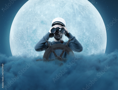 helmsman with binoculars and cap over night clouds viewing to the starry sky