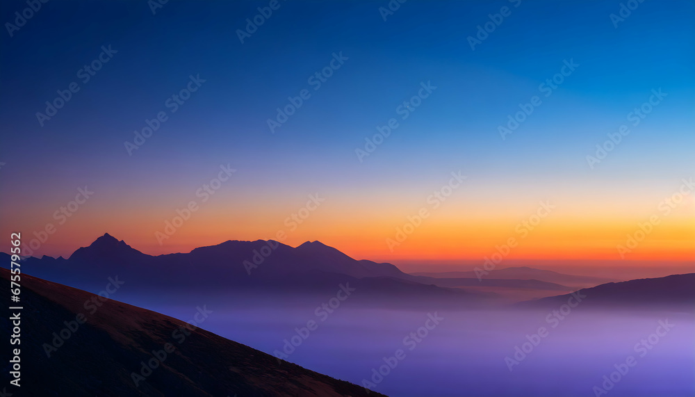 A breathtaking landscape: Misty mountains with clouds during a serene sunrise, blending vibrant orange and tranquil blue hues, this image captures the peaceful beauty of dawn. ai generated