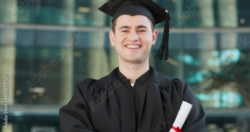 Face, closeup and man in smile by graduation, happy and student achievement of university degree on campus. Young person, portrait and diploma award in proud, graduate and college success by outdoor photo