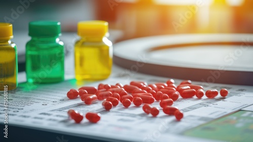 A close up of pills on a table. Red and yellow capsules with vitamins, supplements, or medications.