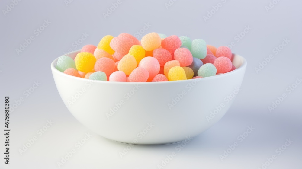 A white bowl filled with lots of colorful candy. A white bowl filled with lots of colorful candy.
