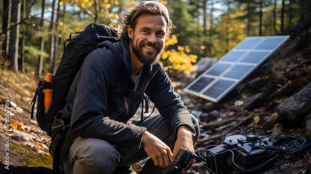 portrait of man camping with solar panel in background