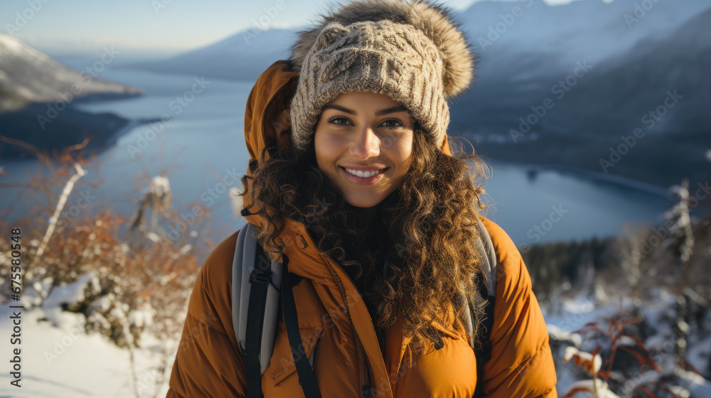 young woman enjoys wilderness in Winter