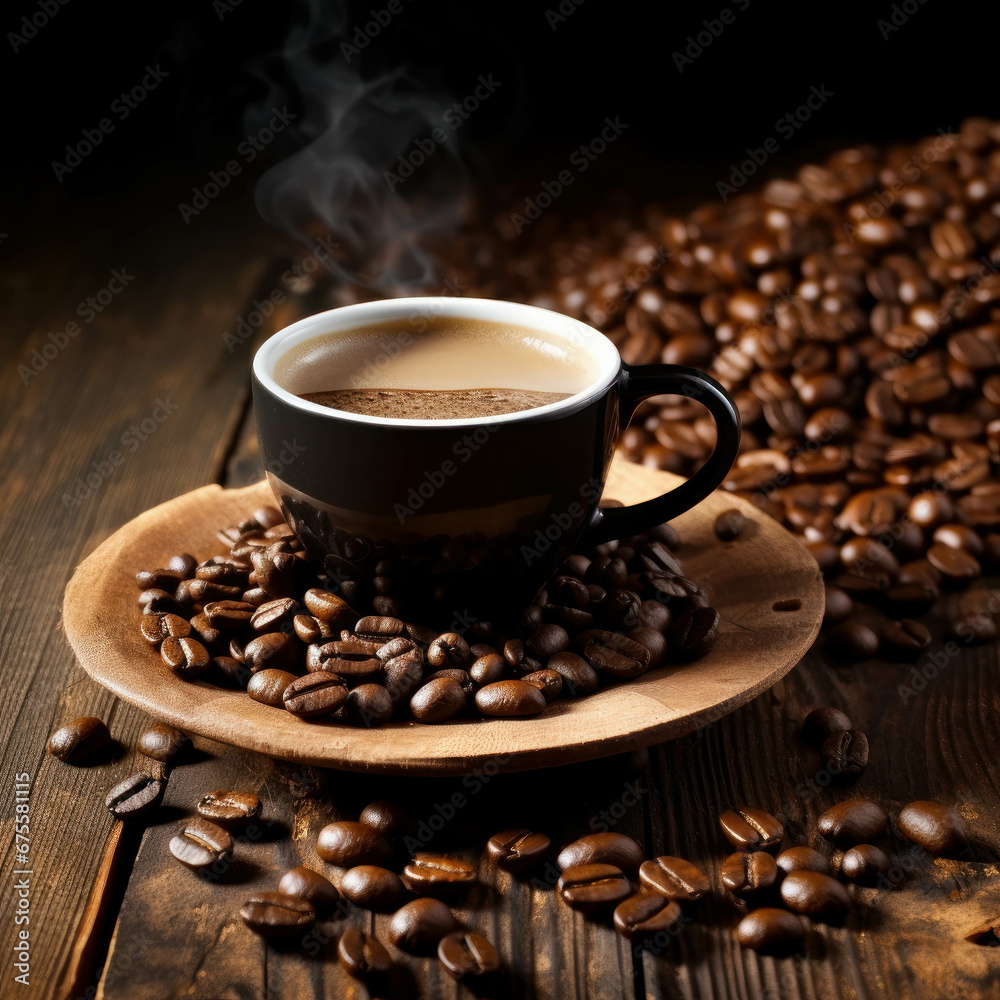Espresso coffee served on a table decorated with coffee beans. Generative AI illustration Espresso coffee served on a table decorated with coffee beans. Generative AI illustration