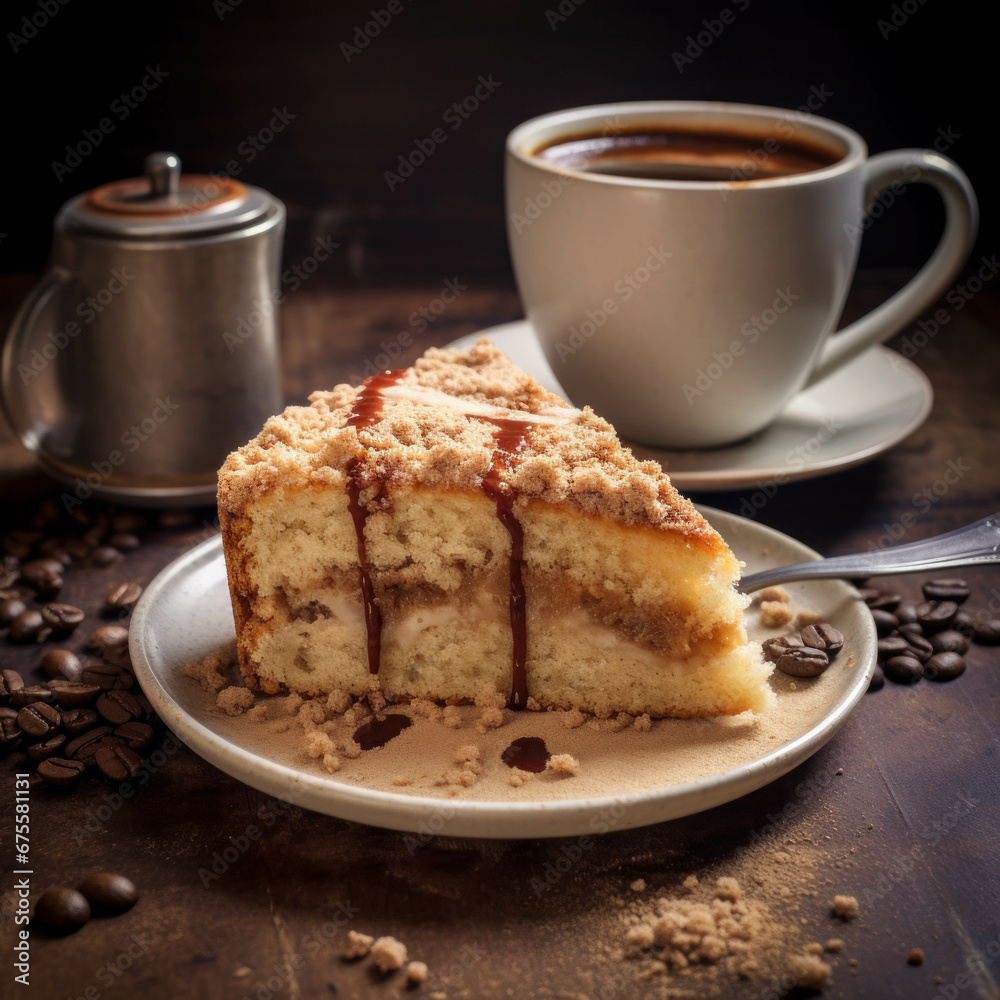 Chocolate cake served with coffee. Generative AI illustration Chocolate cake served with coffee. Generative AI illustration