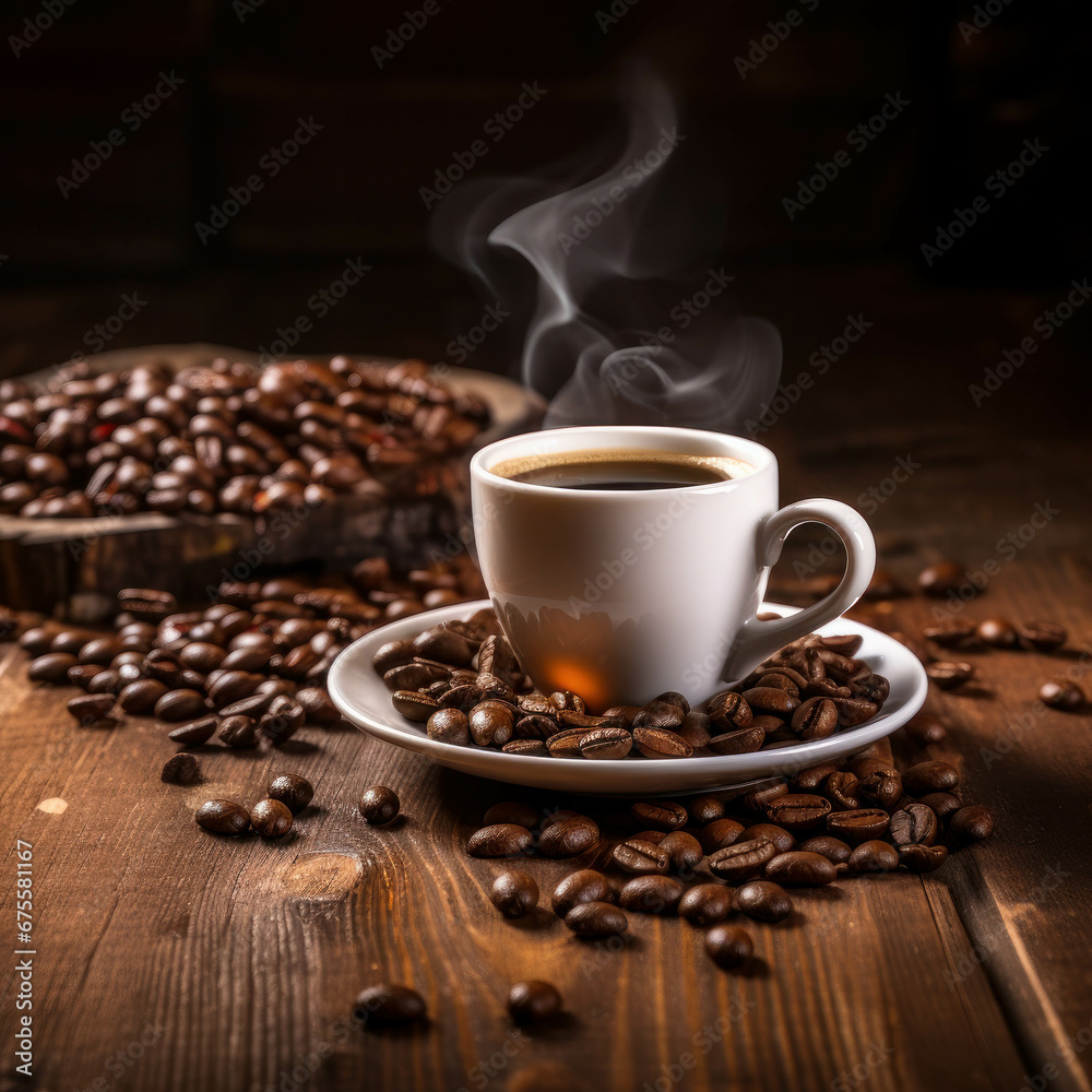 Espresso coffee served on a table decorated with coffee beans. Generative AI illustration