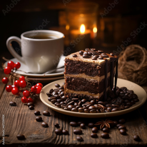 Chocolate cake served with coffee. Generative AI illustration