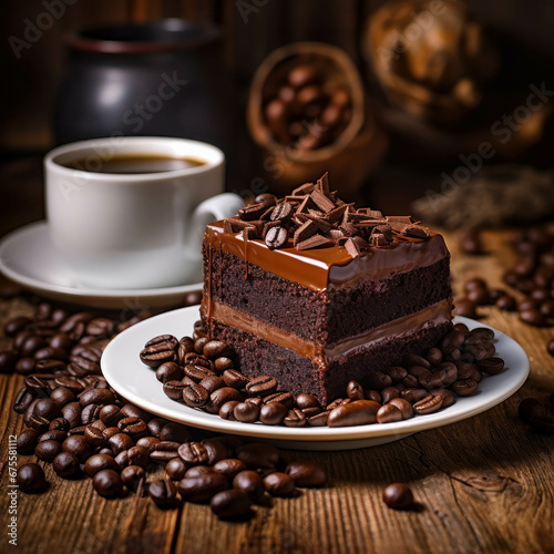 Chocolate cake served with coffee. Generative AI illustration