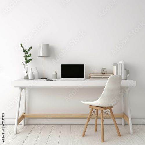 Modern office room decoration in white tones. Generative AI illustration