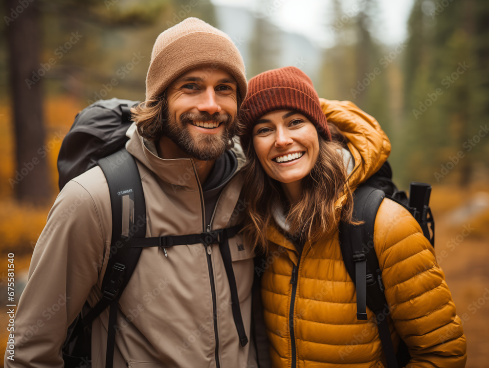 Fototapeta premium couple man and woman in the hiking together on a mountain in forest woods during fall winter in coats and beanie hats
