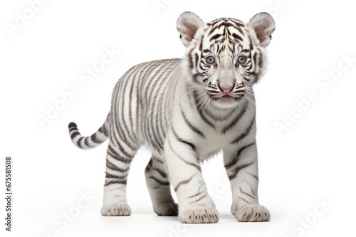 An adorable white Bengal tiger cub, small and fluffy kitten, stands alone against a white backdrop. Ideal for use in design, posters, and banners.