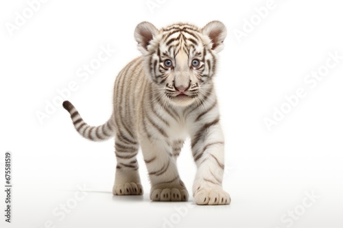 An adorable white Bengal tiger cub  a small and fluffy kitten  stands alone against a white backdrop. Ideal for use in design  posters  and banners.